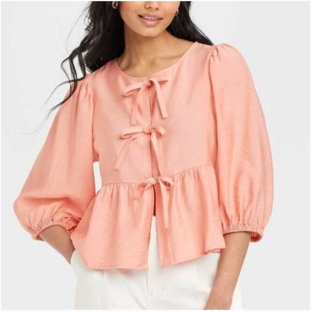 a new day Elbow Sleeve Peplum Tie-Front Top in Pink Size XXL